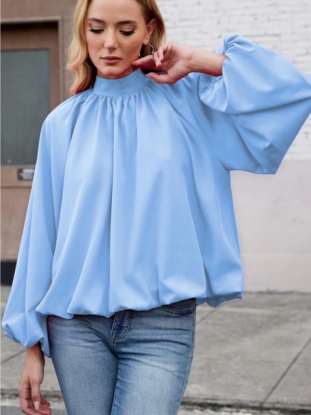 Amazon baby blue back bow tie blouse- Light Blue Large